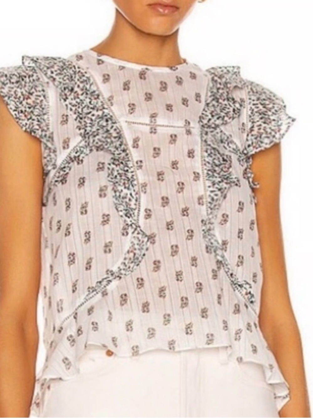 Veronica Beard Aira Ruffle Cotton Blouse - White Multi - Size 4